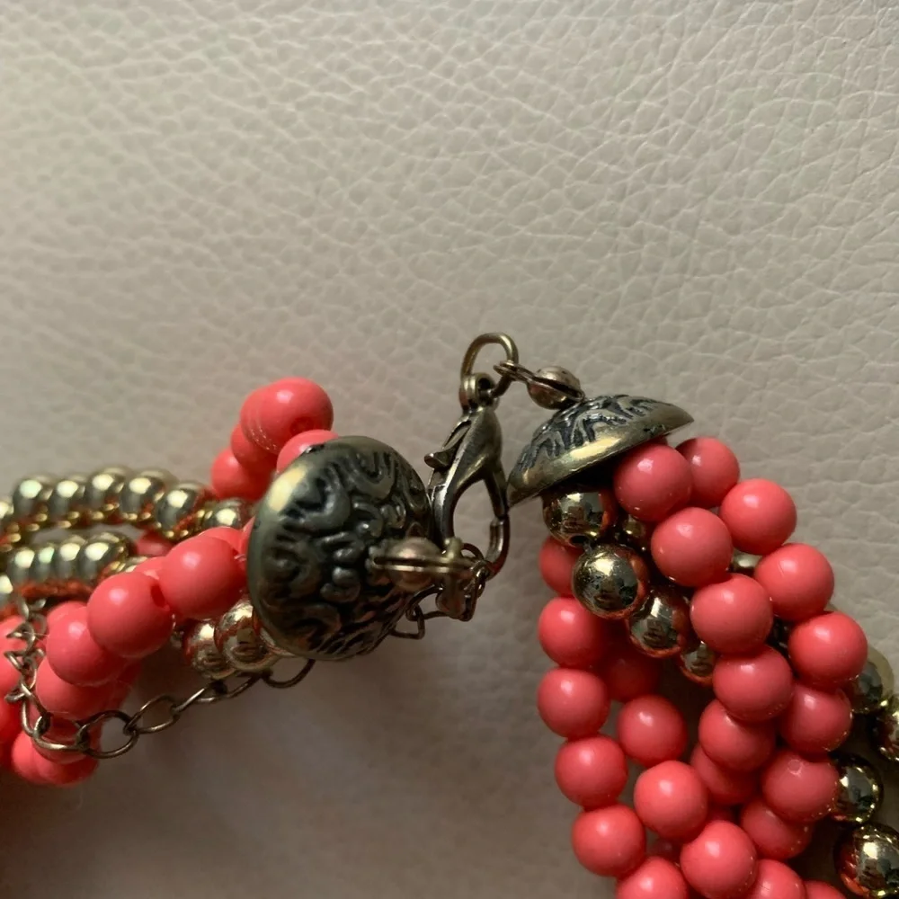Coral Pink & Gold Braided Bead Statement Necklace
